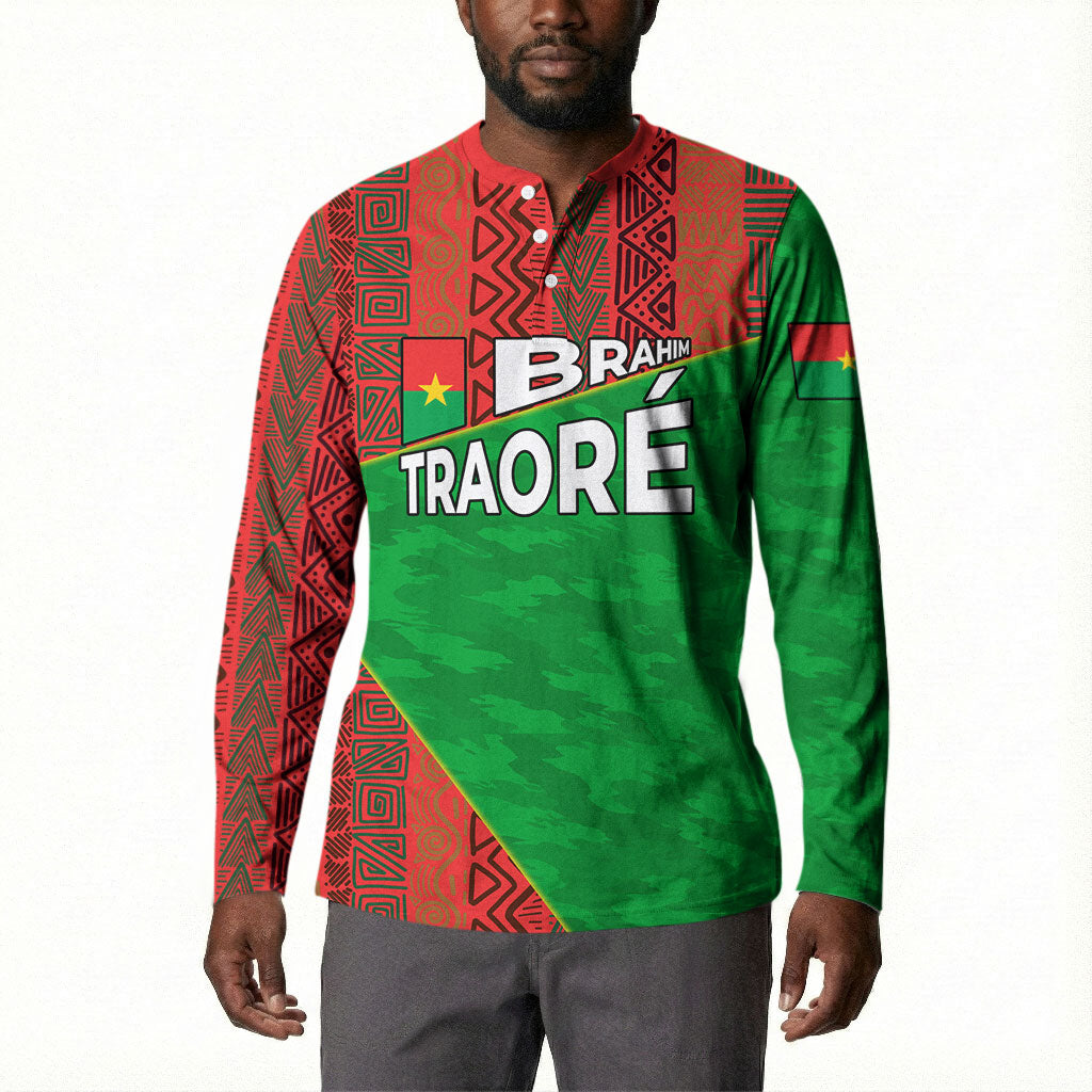 Ibrahim Traore Burkina Faso Fearless Leadership Button Sweatshirt West African Tribal Pattern And Patriotic Camo Art