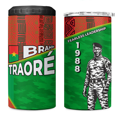 Ibrahim Traore Burkina Faso Fearless Leadership 4 in 1 Can Cooler Tumbler West African Tribal Pattern And Patriotic Camo Art