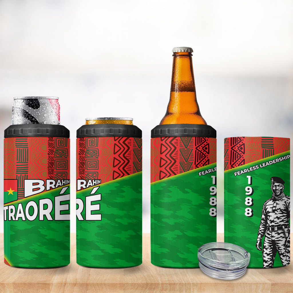 Ibrahim Traore Burkina Faso Fearless Leadership 4 in 1 Can Cooler Tumbler West African Tribal Pattern And Patriotic Camo Art