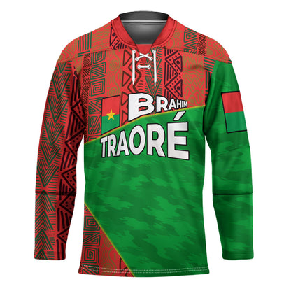 Ibrahim Traore Burkina Faso Fearless Leadership Hockey Jersey West African Tribal Pattern And Patriotic Camo Art