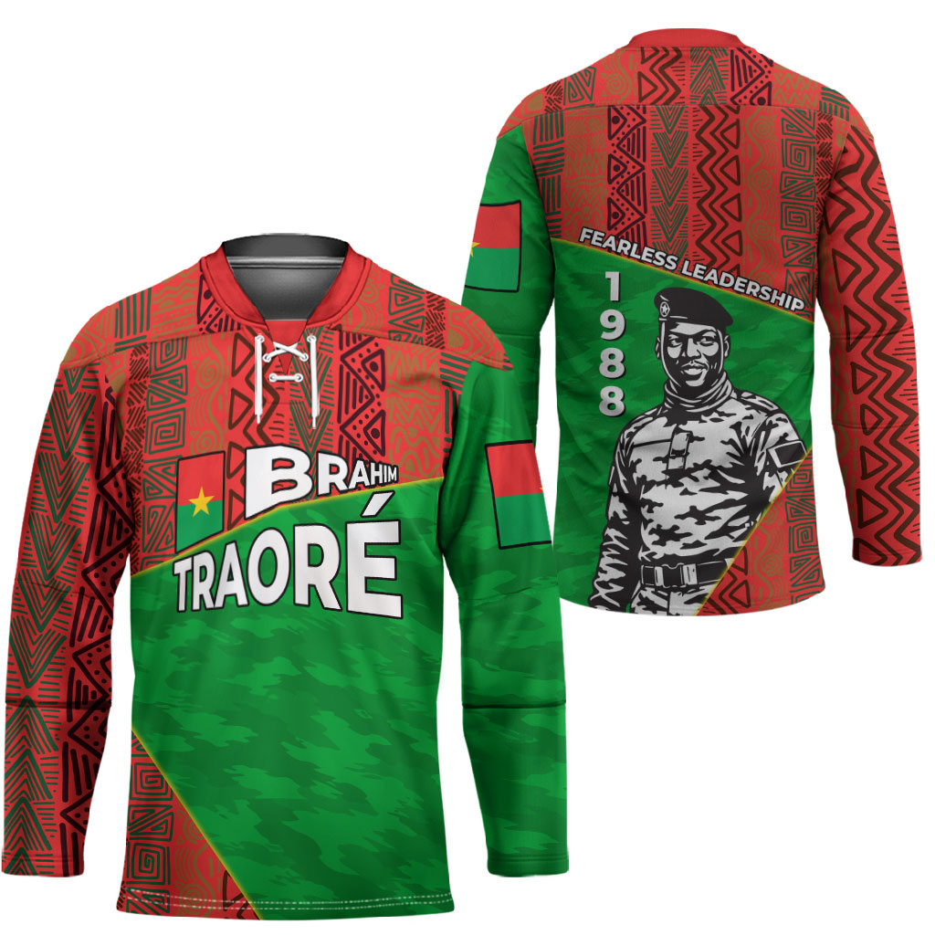 Ibrahim Traore Burkina Faso Fearless Leadership Hockey Jersey West African Tribal Pattern And Patriotic Camo Art