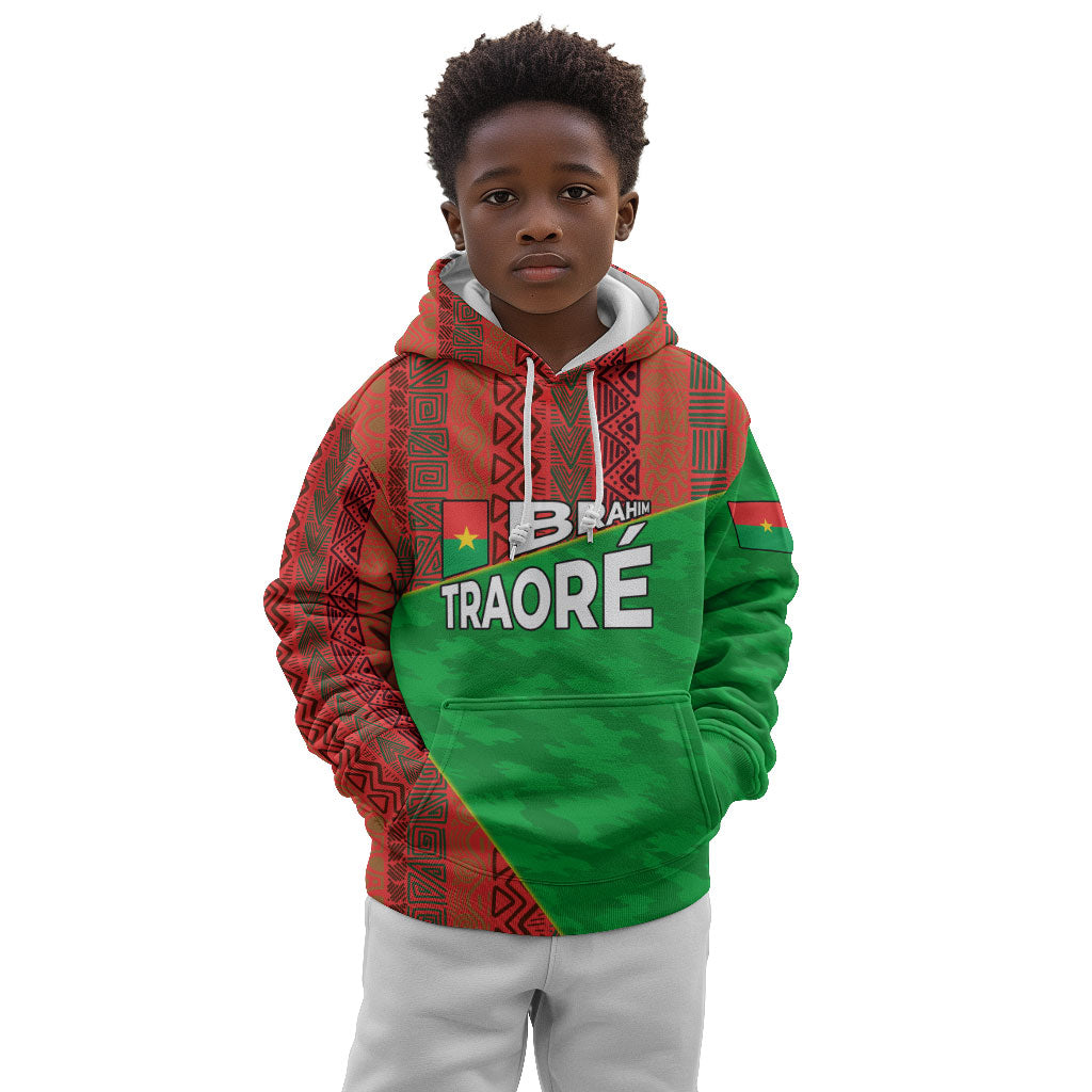 Ibrahim Traore Burkina Faso Fearless Leadership Kid Hoodie West African Tribal Pattern And Patriotic Camo Art
