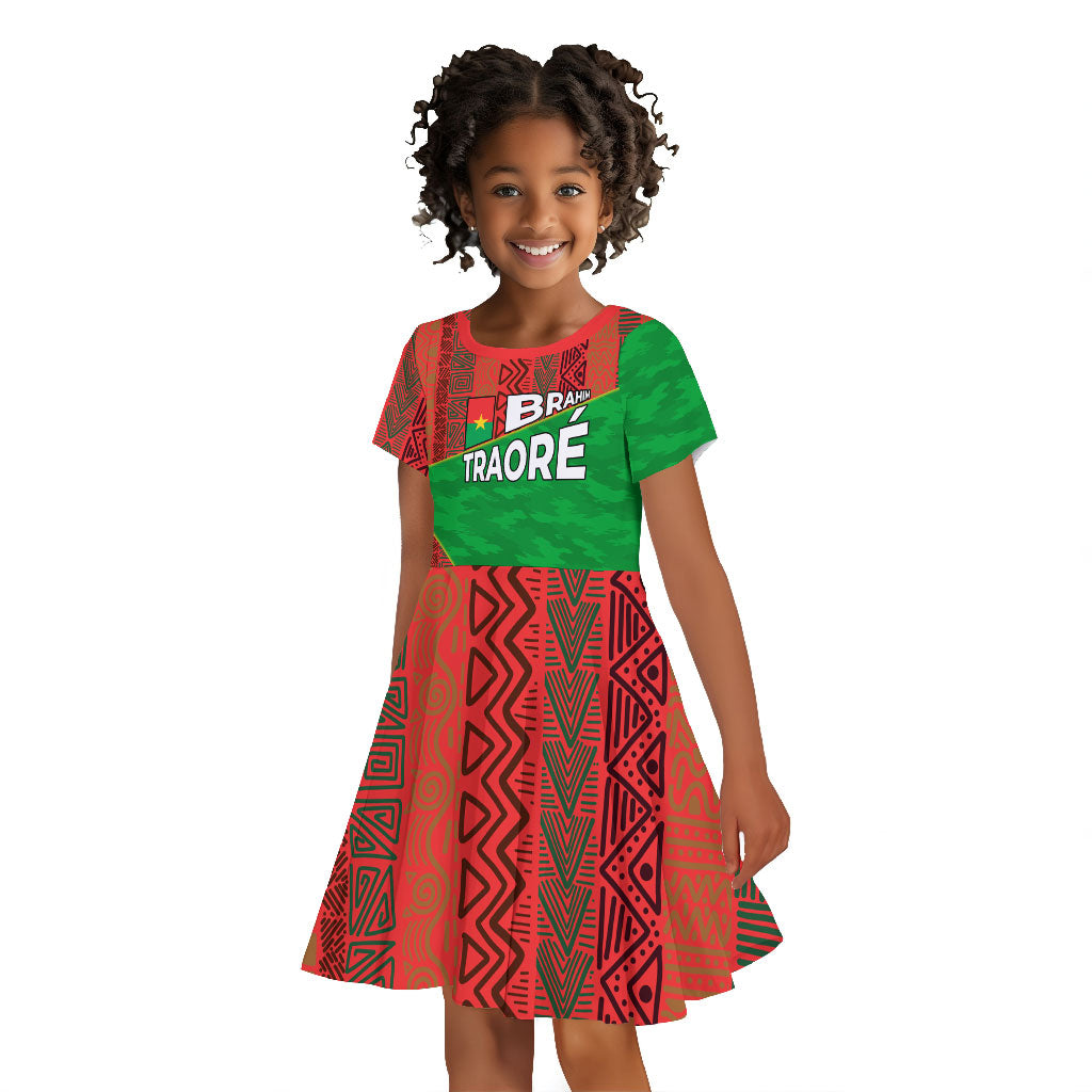 Ibrahim Traore Burkina Faso Fearless Leadership Kid Short Sleeve Dress West African Tribal Pattern And Patriotic Camo Art