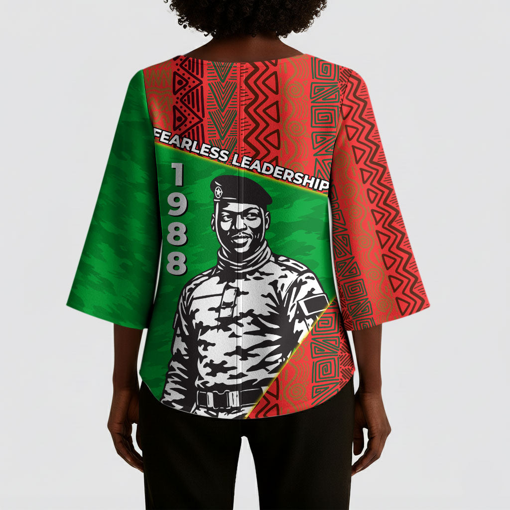 Ibrahim Traore Burkina Faso Fearless Leadership Kimono Sleeve Blouse West African Tribal Pattern And Patriotic Camo Art
