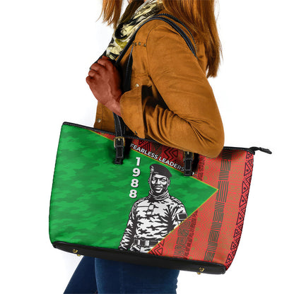 Ibrahim Traore Burkina Faso Fearless Leadership Leather Tote Bag West African Tribal Pattern And Patriotic Camo Art