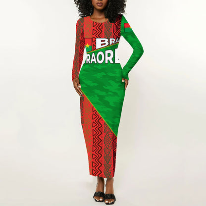 Ibrahim Traore Burkina Faso Fearless Leadership Long Sleeve Bodycon Dress West African Tribal Pattern And Patriotic Camo Art