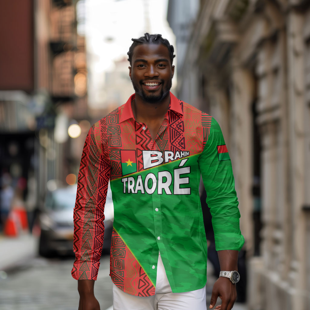 Ibrahim Traore Burkina Faso Fearless Leadership Long Sleeve Button Shirt West African Tribal Pattern And Patriotic Camo Art