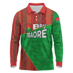 Ibrahim Traore Burkina Faso Fearless Leadership Long Sleeve Polo Shirt West African Tribal Pattern And Patriotic Camo Art
