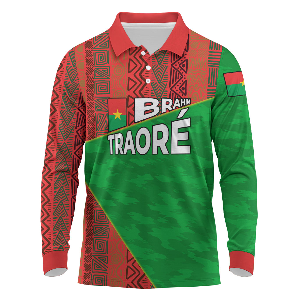 Ibrahim Traore Burkina Faso Fearless Leadership Long Sleeve Polo Shirt West African Tribal Pattern And Patriotic Camo Art
