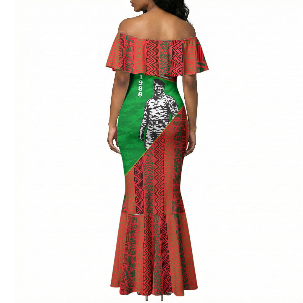Ibrahim Traore Burkina Faso Fearless Leadership Mermaid Dress West African Tribal Pattern And Patriotic Camo Art