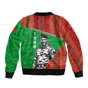 Ibrahim Traore Burkina Faso Fearless Leadership Sleeve Zip Bomber Jacket West African Tribal Pattern And Patriotic Camo Art
