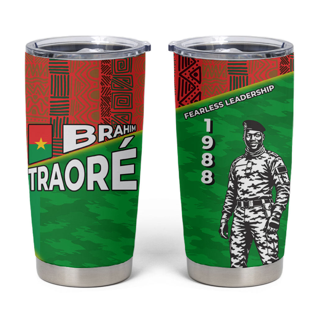 Ibrahim Traore Burkina Faso Fearless Leadership Tumbler Cup West African Tribal Pattern And Patriotic Camo Art