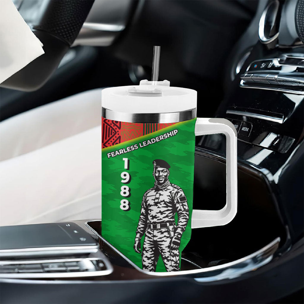 Ibrahim Traore Burkina Faso Fearless Leadership Tumbler With Handle West African Tribal Pattern And Patriotic Camo Art