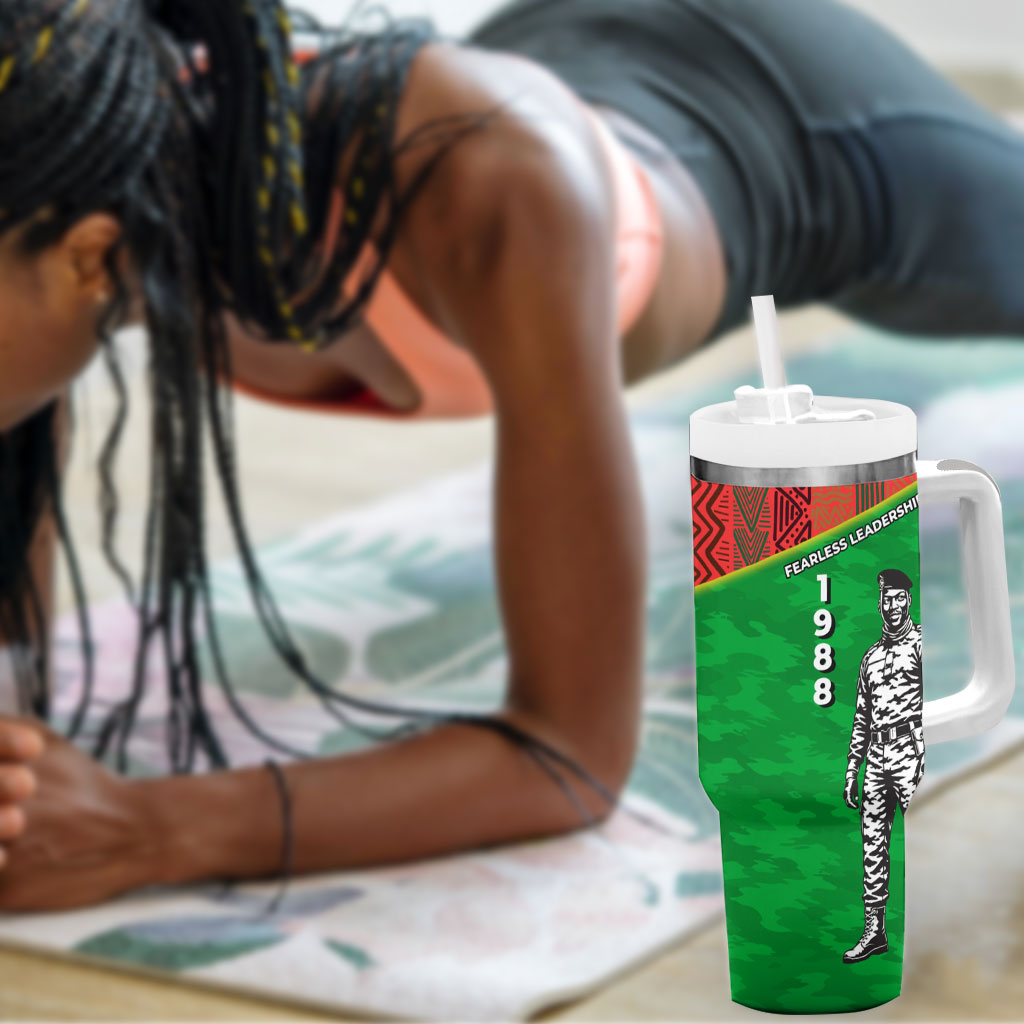 Ibrahim Traore Burkina Faso Fearless Leadership Tumbler With Handle West African Tribal Pattern And Patriotic Camo Art