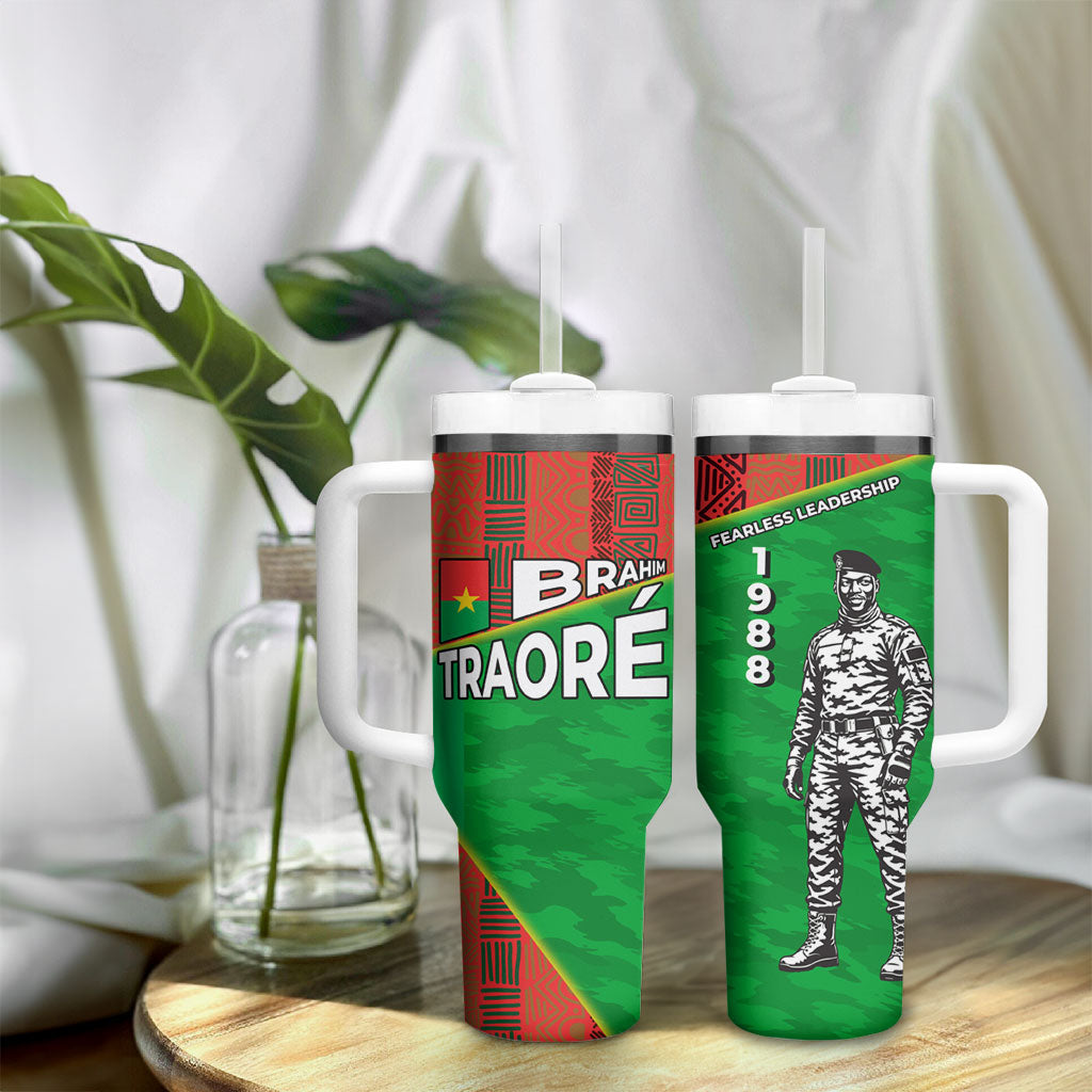 Ibrahim Traore Burkina Faso Fearless Leadership Tumbler With Handle West African Tribal Pattern And Patriotic Camo Art