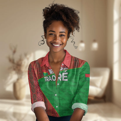 Ibrahim Traore Burkina Faso Fearless Leadership Women Casual Shirt West African Tribal Pattern And Patriotic Camo Art