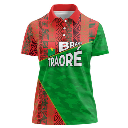 Ibrahim Traore Burkina Faso Fearless Leadership Women Polo Shirt West African Tribal Pattern And Patriotic Camo Art