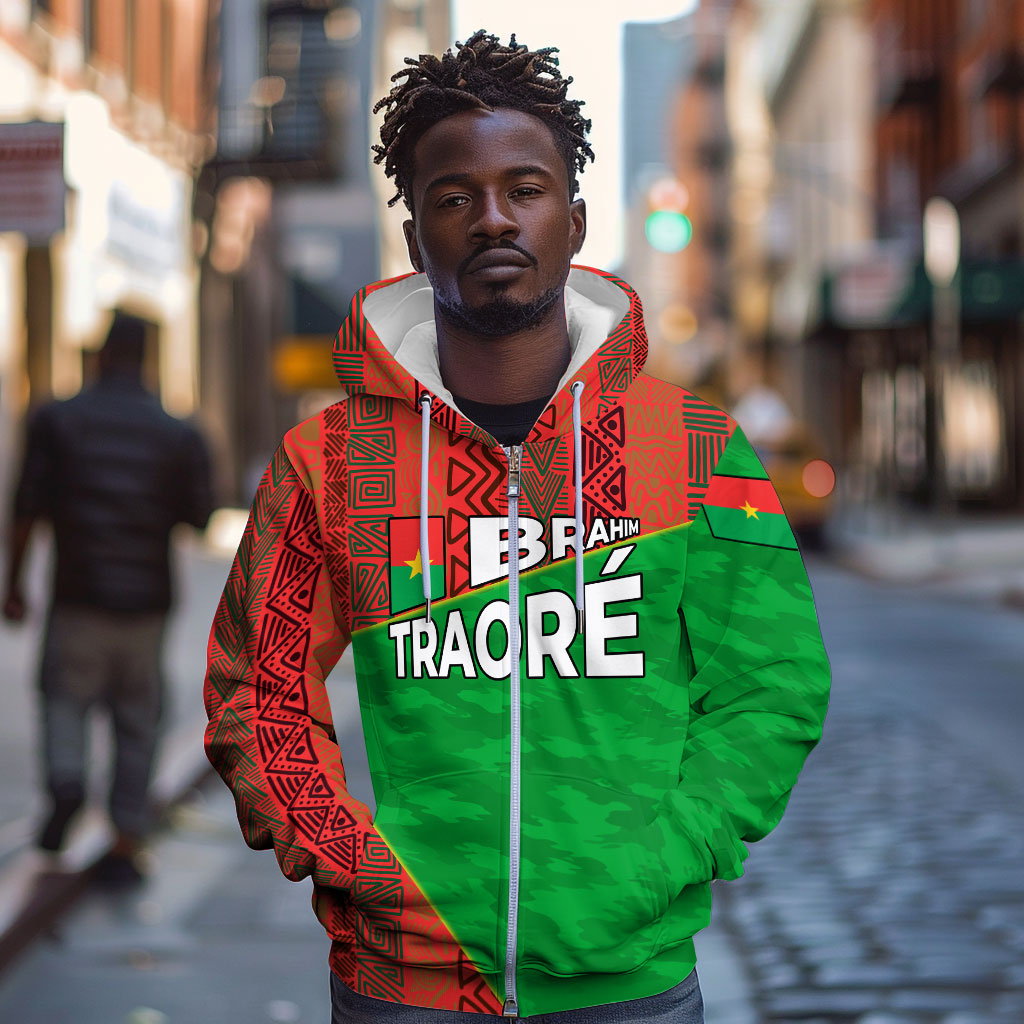Ibrahim Traore Burkina Faso Fearless Leadership Zip Hoodie West African Tribal Pattern And Patriotic Camo Art