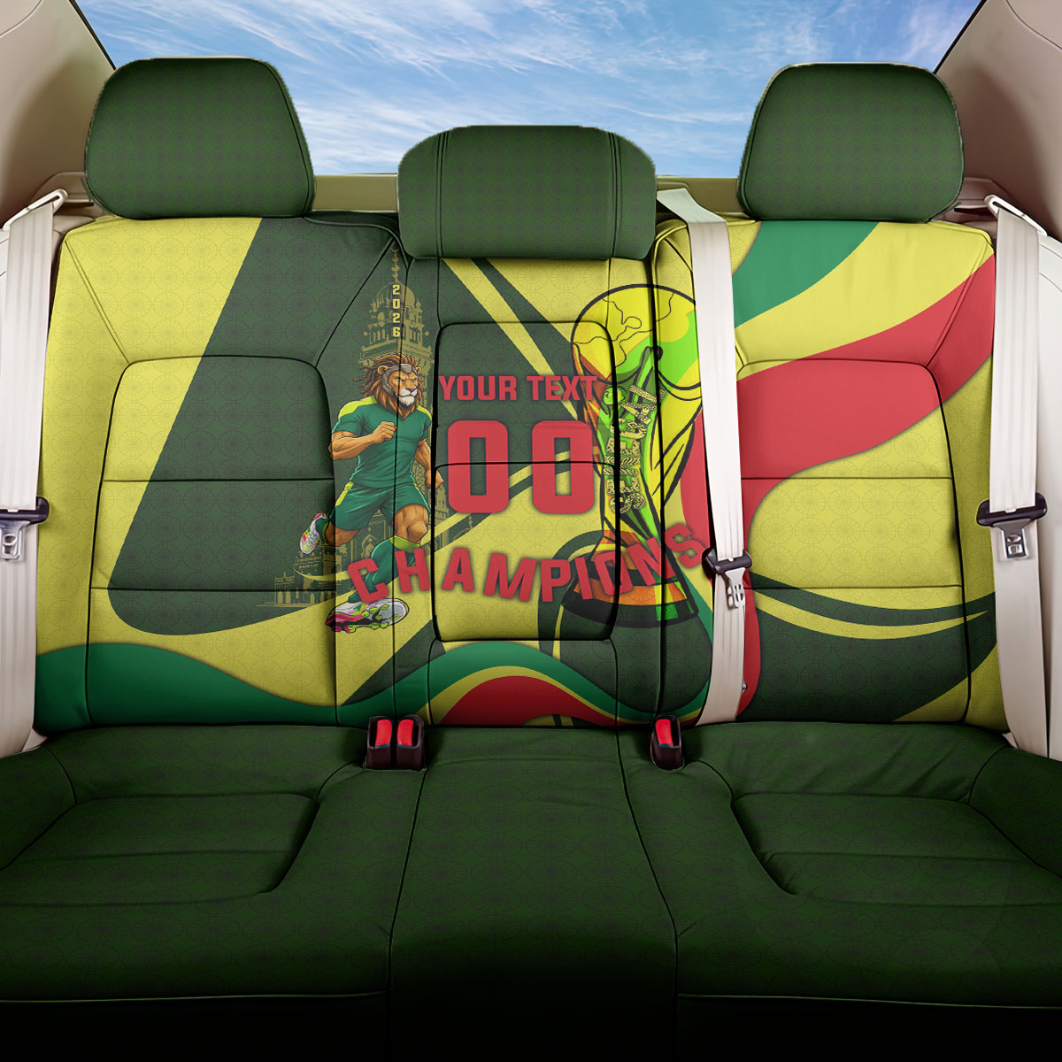 Personalized Senegal Champions World Football 2026 Back Car Seat Cover Lions Of Teranga - Great Mosque Of Touba Pattern