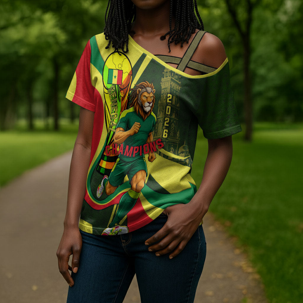 Personalized Senegal Champions World Football 2026 Cross Shoulder Shirt Lions Of Teranga - Great Mosque Of Touba Pattern