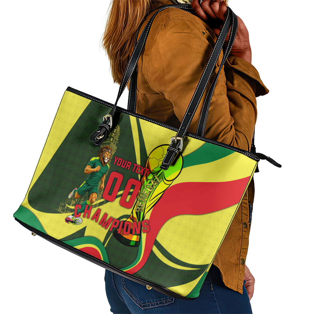 Personalized Senegal Champions World Football 2026 Leather Tote Bag Lions Of Teranga - Great Mosque Of Touba Pattern