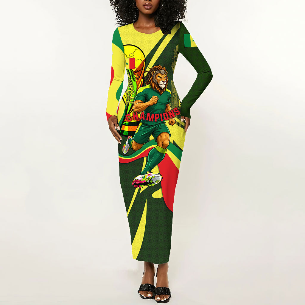 Personalized Senegal Champions World Football 2026 Long Sleeve Bodycon Dress Lions Of Teranga - Great Mosque Of Touba Pattern