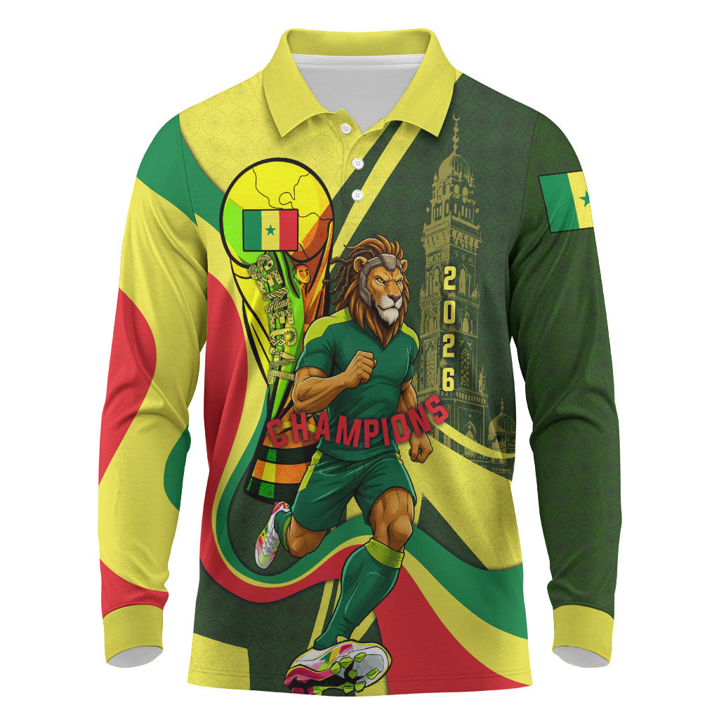 Personalized Senegal Champions World Football 2026 Long Sleeve Polo Shirt Lions Of Teranga - Great Mosque Of Touba Pattern