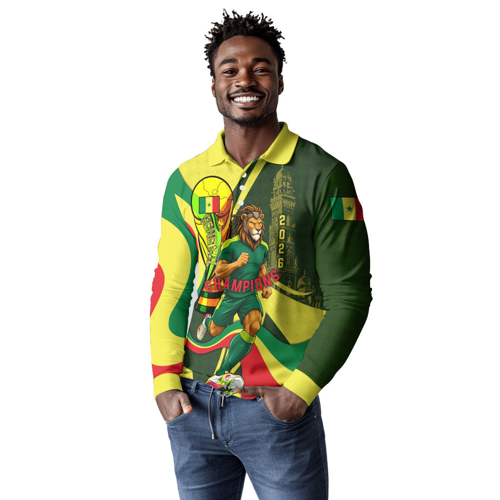 Personalized Senegal Champions World Football 2026 Long Sleeve Polo Shirt Lions Of Teranga - Great Mosque Of Touba Pattern