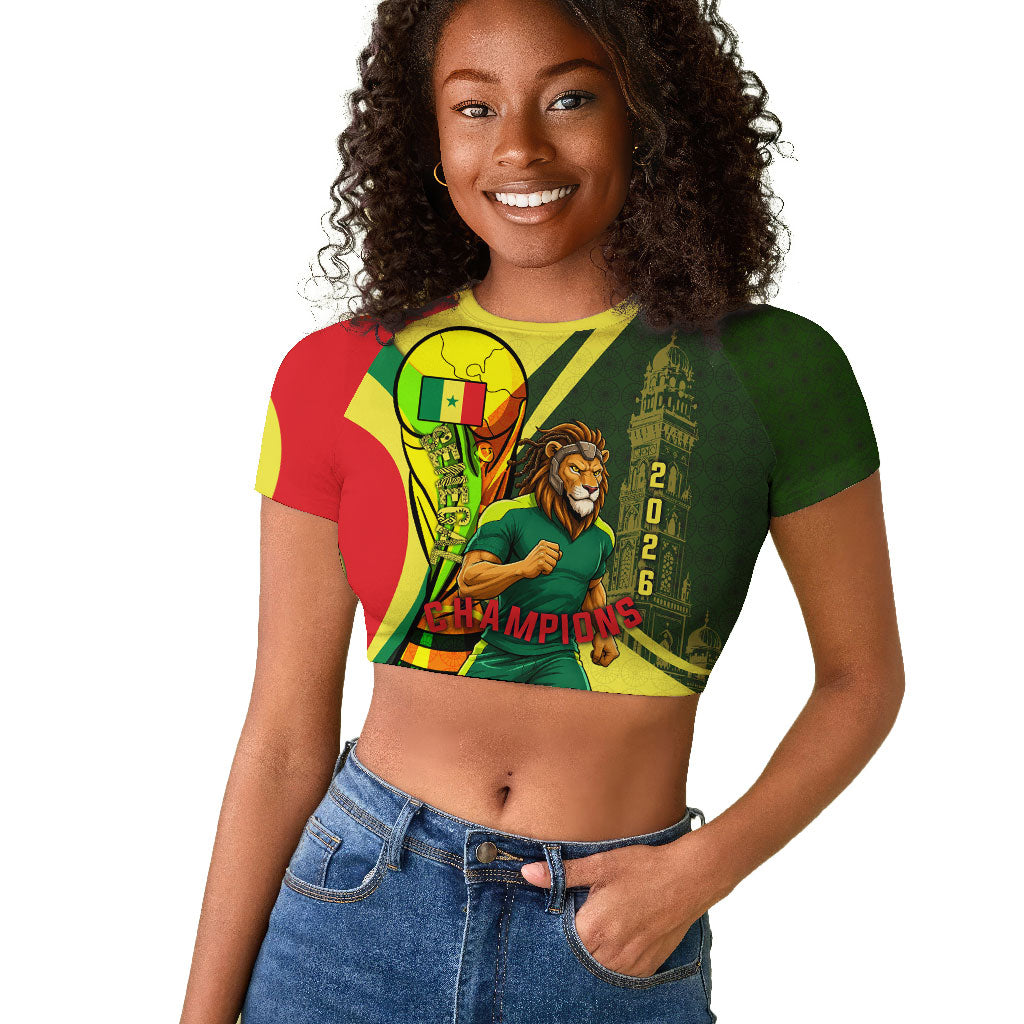 Personalized Senegal Champions World Football 2026 Raglan Cropped T shirt Lions Of Teranga - Great Mosque Of Touba Pattern