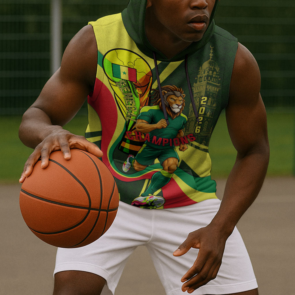 Personalized Senegal Champions World Football 2026 Sleeveless Hoodie Lions Of Teranga - Great Mosque Of Touba Pattern