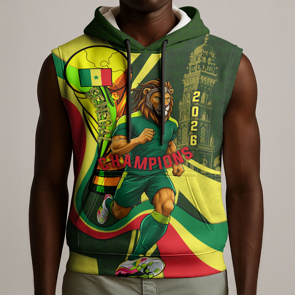 Personalized Senegal Champions World Football 2026 Sleeveless Hoodie Lions Of Teranga - Great Mosque Of Touba Pattern