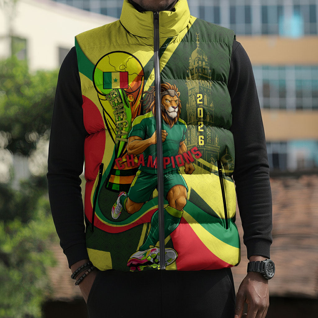 Personalized Senegal Champions World Football 2026 Sleeveless Puffer Jacket Lions Of Teranga - Great Mosque Of Touba Pattern