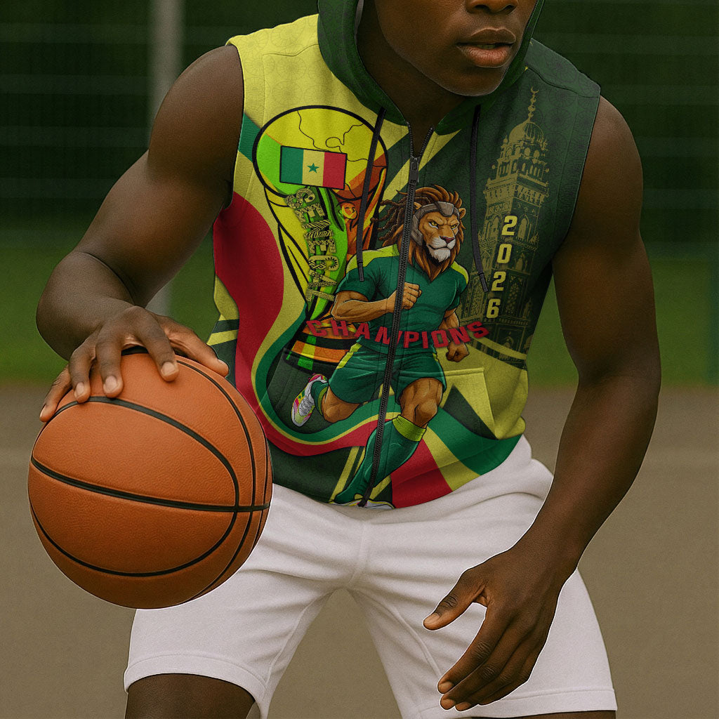 Personalized Senegal Champions World Football 2026 Sleeveless Zip Hoodie Lions Of Teranga - Great Mosque Of Touba Pattern