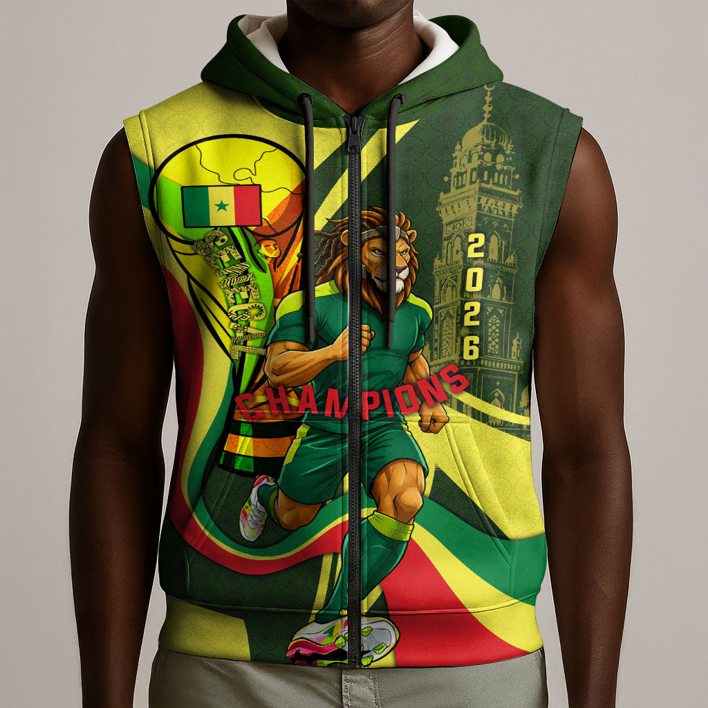 Personalized Senegal Champions World Football 2026 Sleeveless Zip Hoodie Lions Of Teranga - Great Mosque Of Touba Pattern