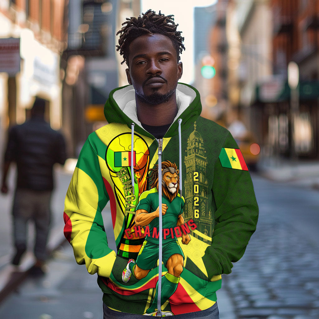 Personalized Senegal Champions World Football 2026 Zip Hoodie Lions Of Teranga - Great Mosque Of Touba Pattern