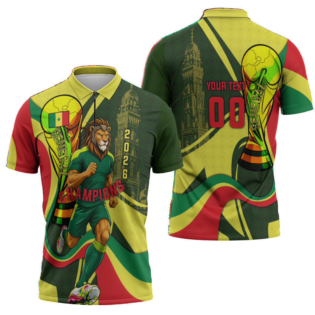 Personalized Senegal Champions World Football 2026 Zipper Polo Shirt Lions Of Teranga - Great Mosque Of Touba Pattern