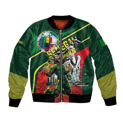 Custom Senegal Champions Football 2026 Bomber Jacket Teranga Lions G.O.A.T Mascot - African Renaissance Monument