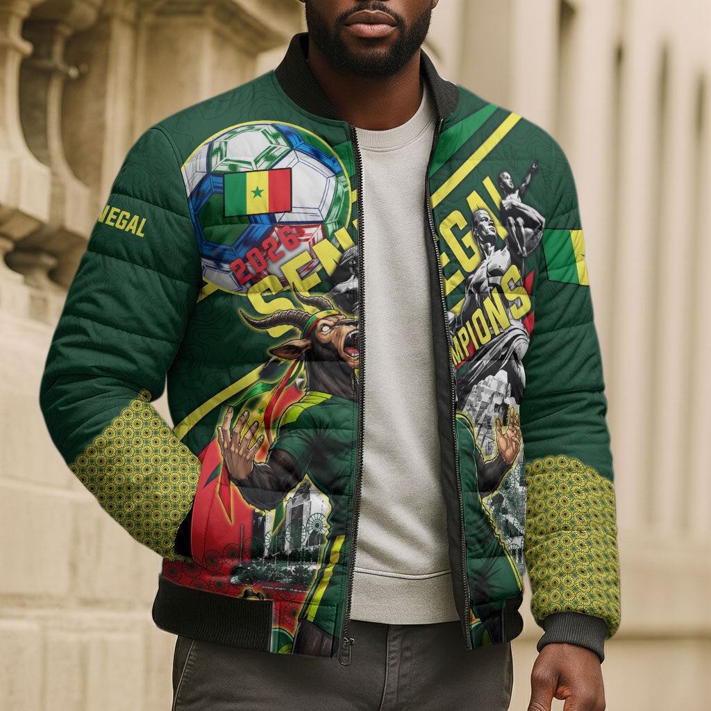 Custom Senegal Champions Football 2026 Bomber Puffer Jacket Teranga Lions G.O.A.T Mascot - African Renaissance Monument