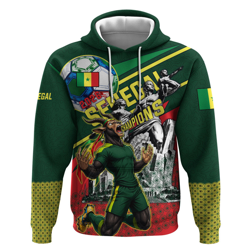 Custom Senegal Champions Football 2026 Hoodie Teranga Lions G.O.A.T Mascot - African Renaissance Monument
