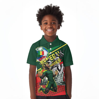 Custom Senegal Champions Football 2026 Kid Polo Shirt Teranga Lions G.O.A.T Mascot - African Renaissance Monument