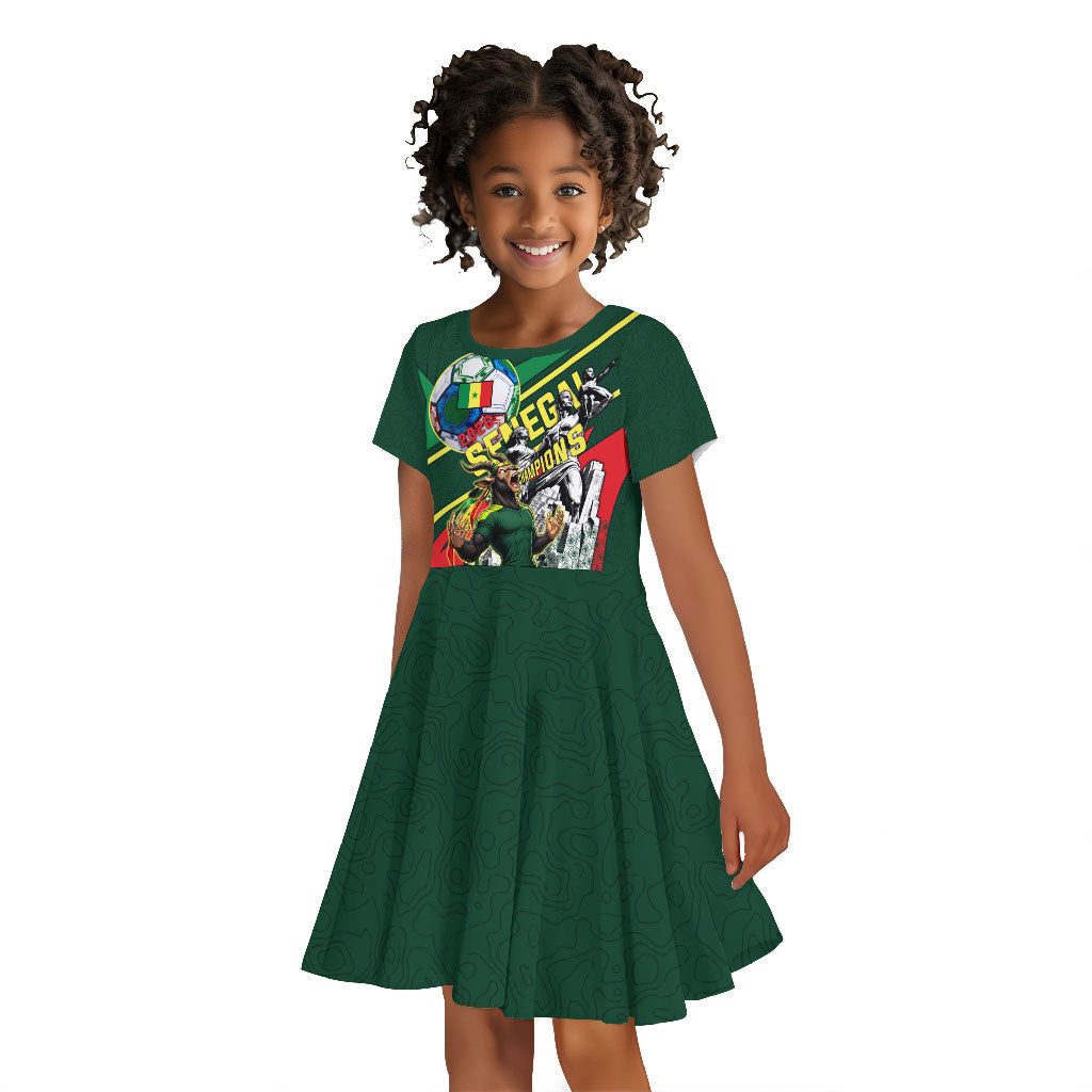 Custom Senegal Champions Football 2026 Kid Short Sleeve Dress Teranga Lions G.O.A.T Mascot - African Renaissance Monument