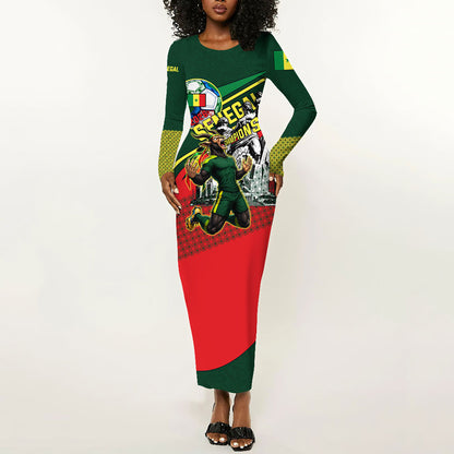 Custom Senegal Champions Football 2026 Long Sleeve Bodycon Dress Teranga Lions G.O.A.T Mascot - African Renaissance Monument