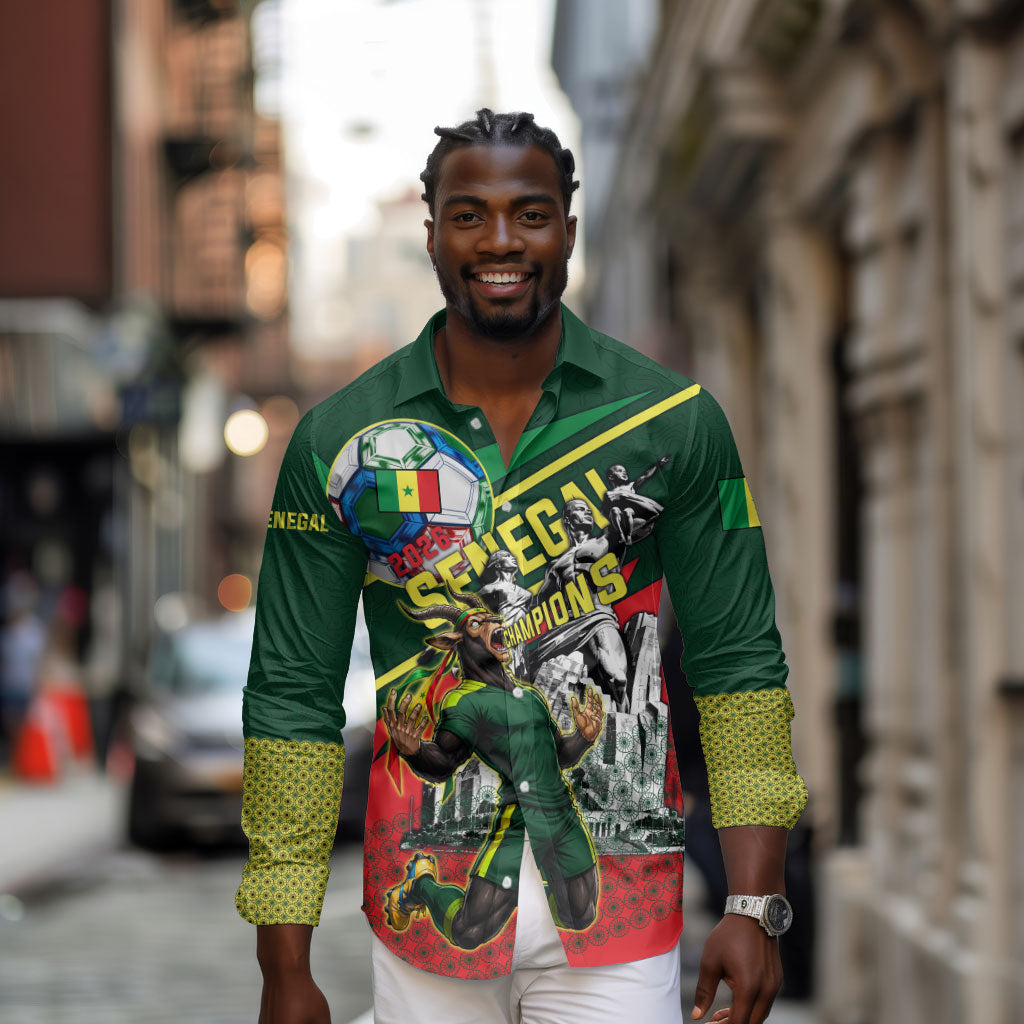 Custom Senegal Champions Football 2026 Long Sleeve Button Shirt Teranga Lions G.O.A.T Mascot - African Renaissance Monument