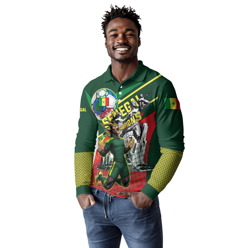Custom Senegal Champions Football 2026 Long Sleeve Polo Shirt Teranga Lions G.O.A.T Mascot - African Renaissance Monument