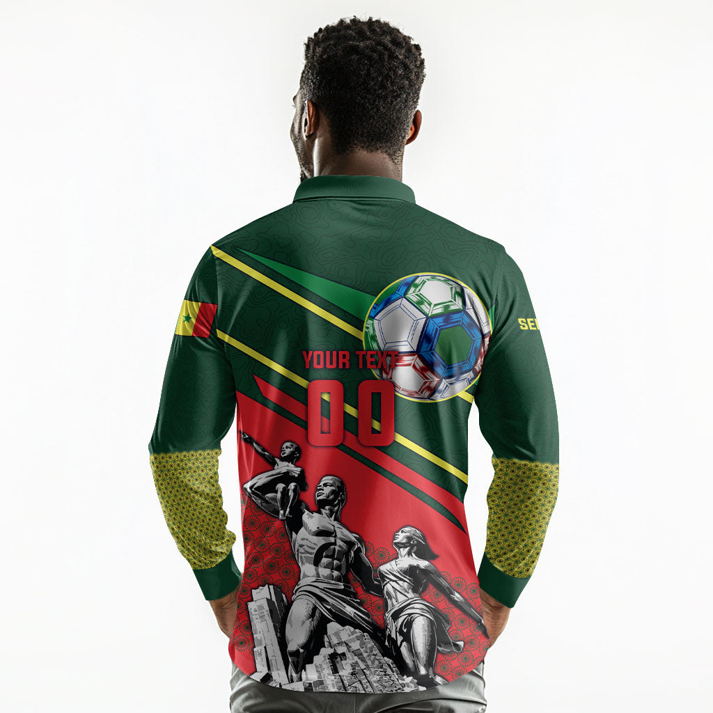 Custom Senegal Champions Football 2026 Long Sleeve Polo Shirt Teranga Lions G.O.A.T Mascot - African Renaissance Monument