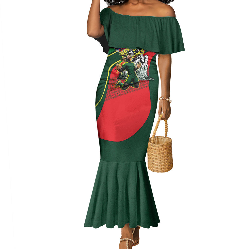 Custom Senegal Champions Football 2026 Mermaid Dress Teranga Lions G.O.A.T Mascot - African Renaissance Monument