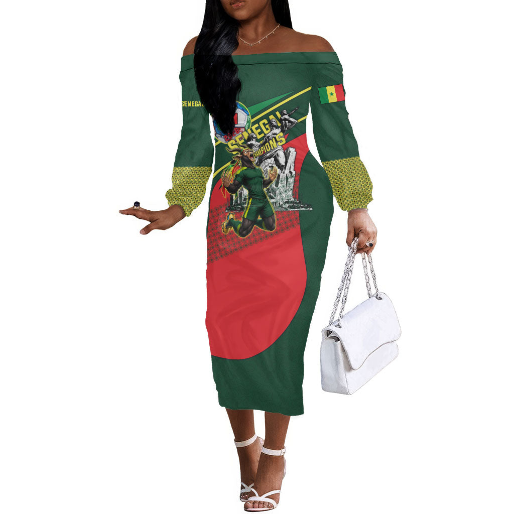 Custom Senegal Champions Football 2026 Off The Shoulder Long Sleeve Dress Teranga Lions G.O.A.T Mascot - African Renaissance Monument
