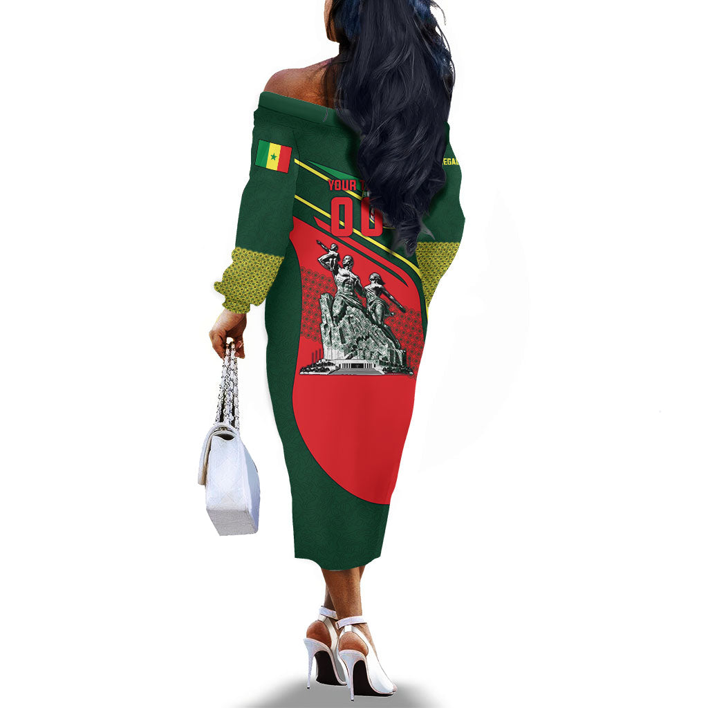 Custom Senegal Champions Football 2026 Off The Shoulder Long Sleeve Dress Teranga Lions G.O.A.T Mascot - African Renaissance Monument