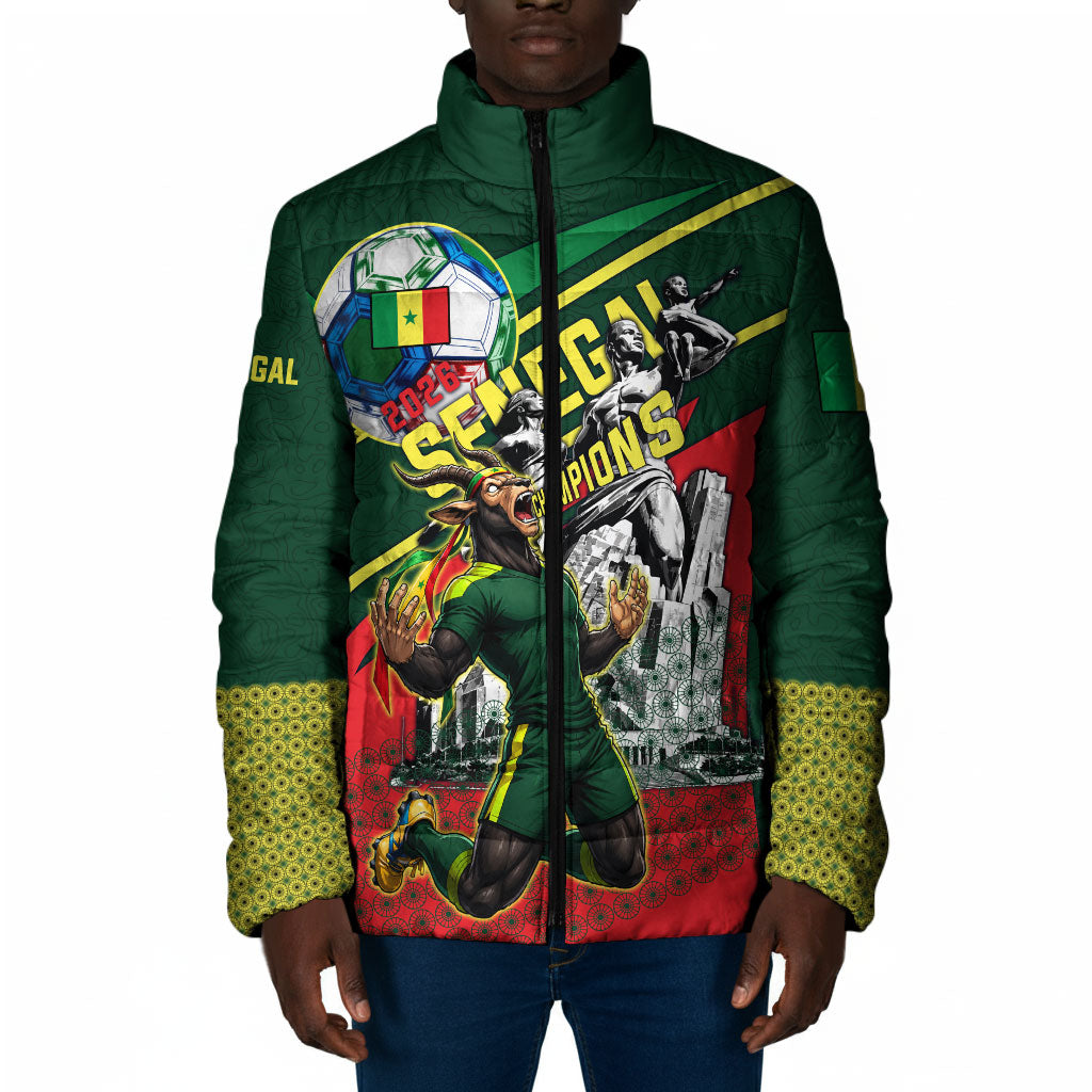 Custom Senegal Champions Football 2026 Padded Jacket Teranga Lions G.O.A.T Mascot - African Renaissance Monument