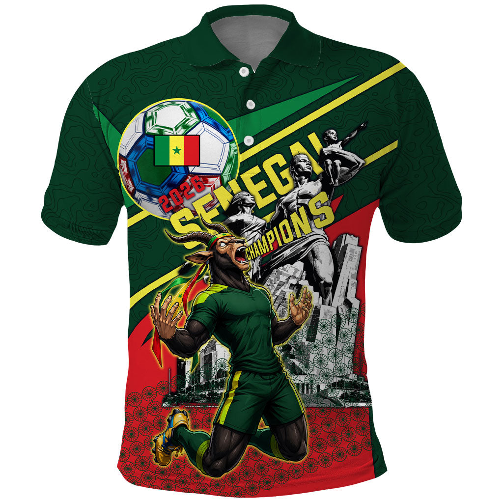 Custom Senegal Champions Football 2026 Polo Shirt Teranga Lions G.O.A.T Mascot - African Renaissance Monument